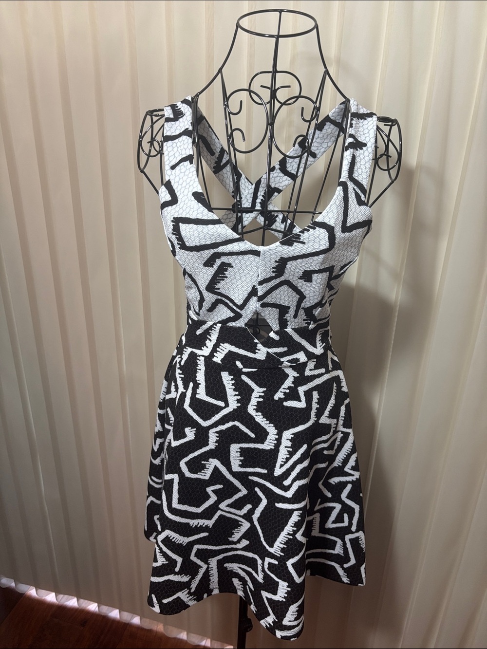 Sleeveless Black & White Patterned Fit-and-Flare Dress